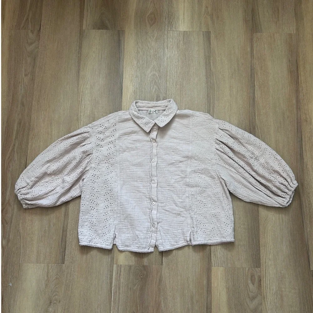 Free People Full Bloom Cotton gauze Eyelet Puff Sleeve Button Down Blouse S
